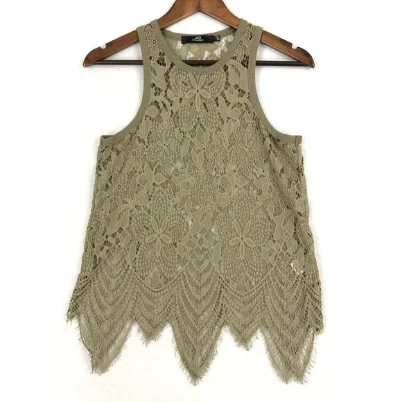 BKE Boutique Women's Size Small Olive Green Brown Eyelash Lace Scoop Tank Top - Picture 1 of 9